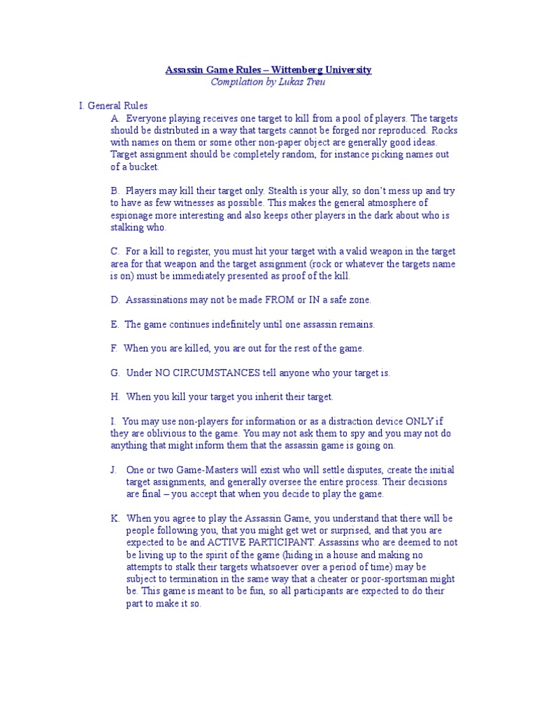 Wittenberg University Assassin Game Rules PDF Assassination Violence