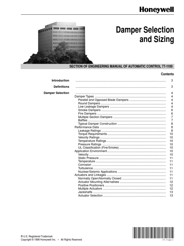 Honeywell Damper Selection and Sizing Duct (Flow) Actuator