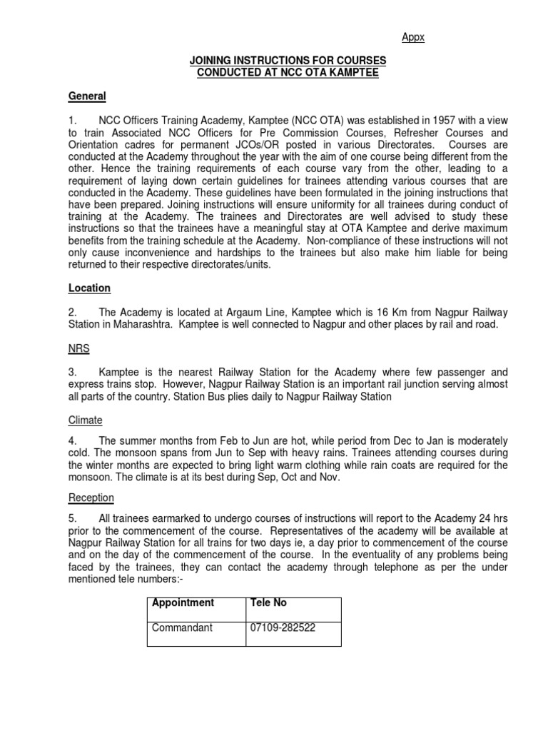 Joining Instructions Non Commissioned Officer Clothing