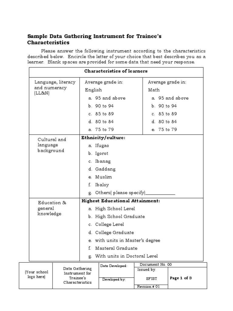 Trainee Characteristics Data Gathering Tool | PDF | Learning Styles ...