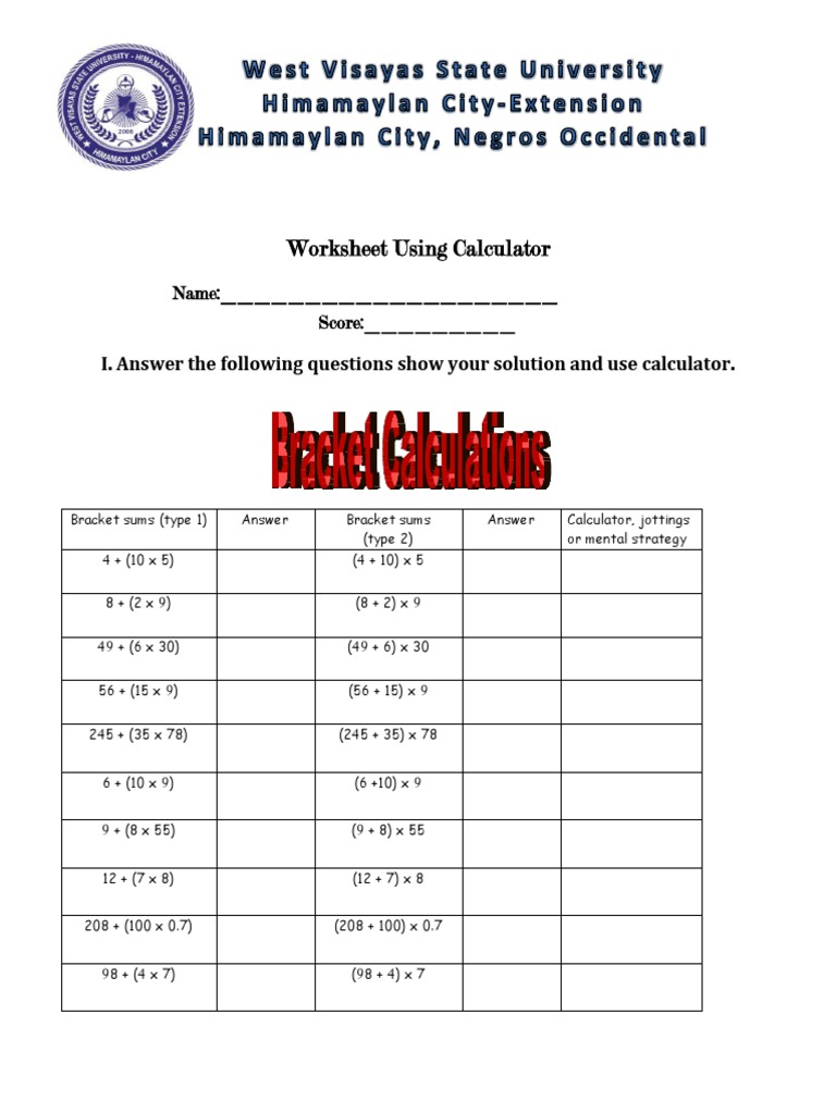 Worksheet Using Calculator - : Name: Score | PDF