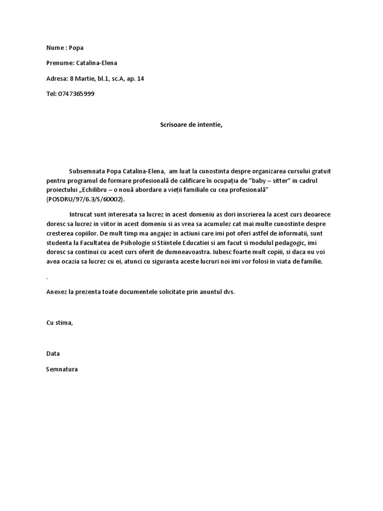 Scrisoare de Intentie