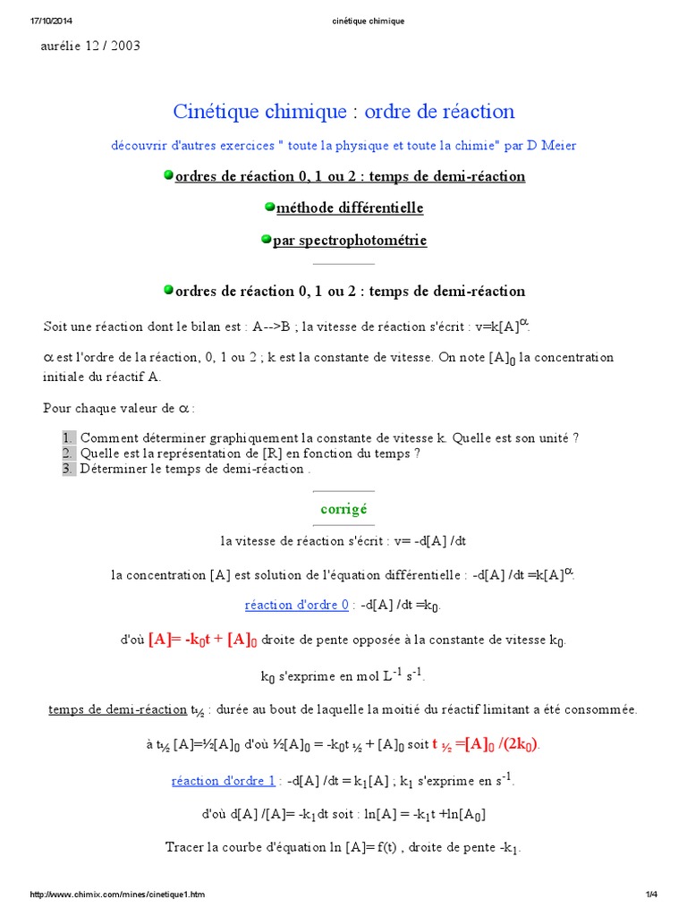Cinétique chimique : ordres de réaction | PDF | Vitesse de réaction ...