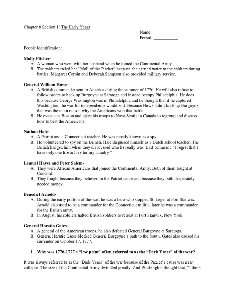 Chapter 6 Section 1 The Early Years | PDF | George Washington | Battles ...