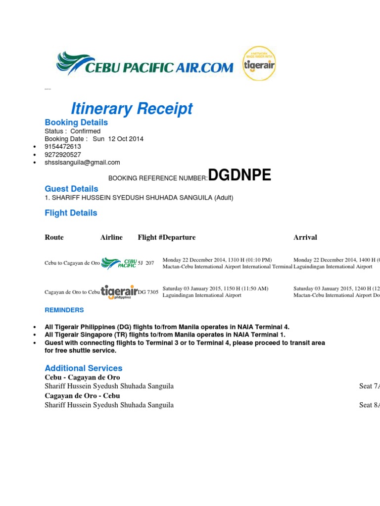 Cebu Pacific Itinerary PDF Fee Baggage