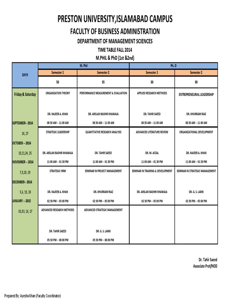 Semester Time Table Fall 2014 | PDF