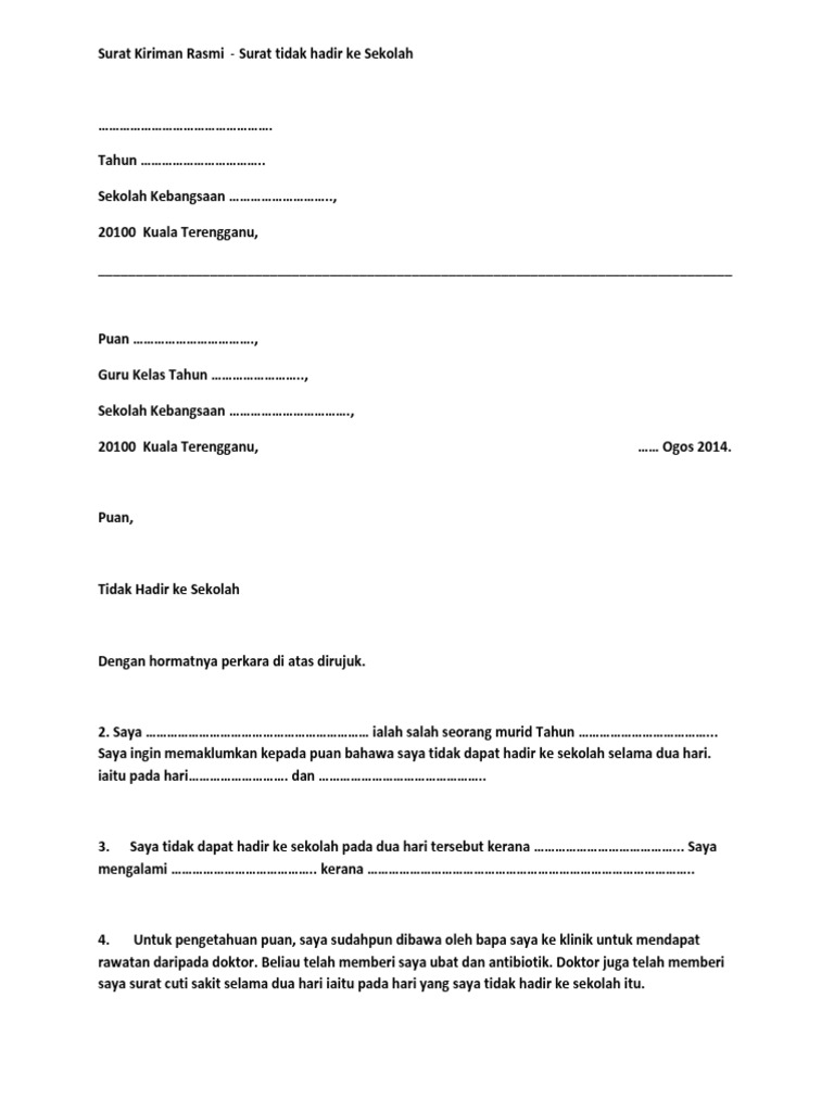 Surat Rasmi Tidak Hadir Sekolah Kerana Sakit - Bagikan Contoh