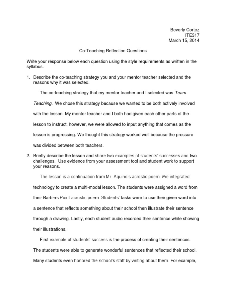 Co-Teaching Reflection | PDF | Mentorship | Teachers