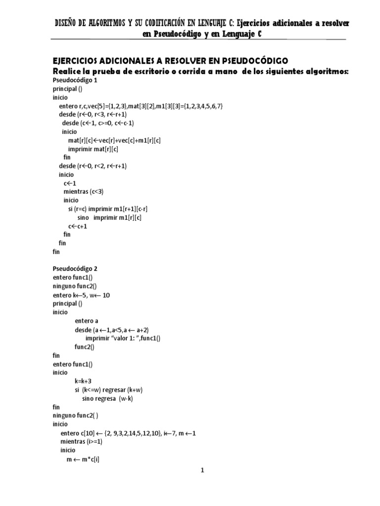 Ejercicios Adicionales A Resolver en Pseudocódigo y en Lenguaje en C ...