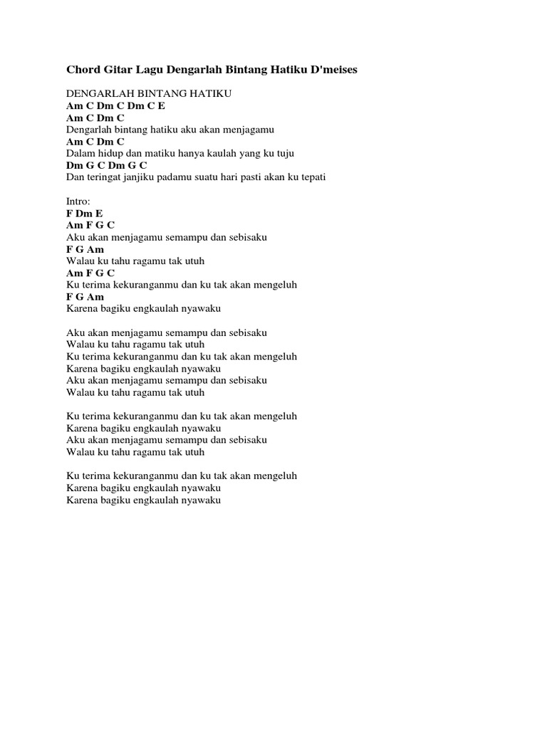 Chord Gitar Lagu Dengarlah Bintang Hatiku D