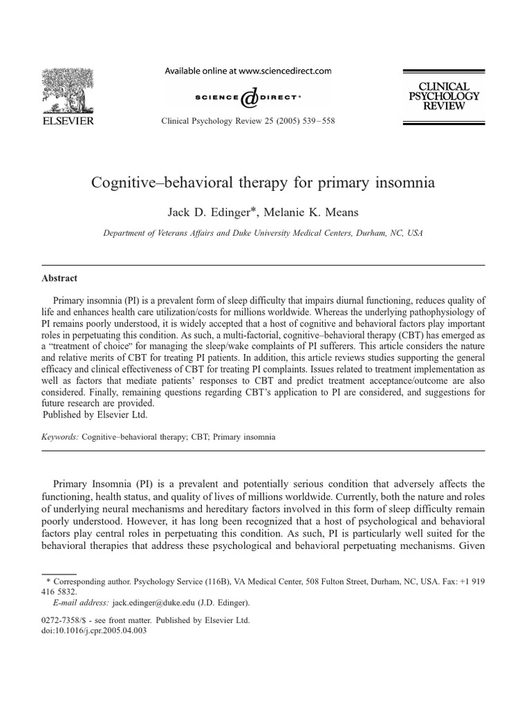CBT for Managing Primary Insomnia | PDF | Cognitive Behavioral Therapy ...
