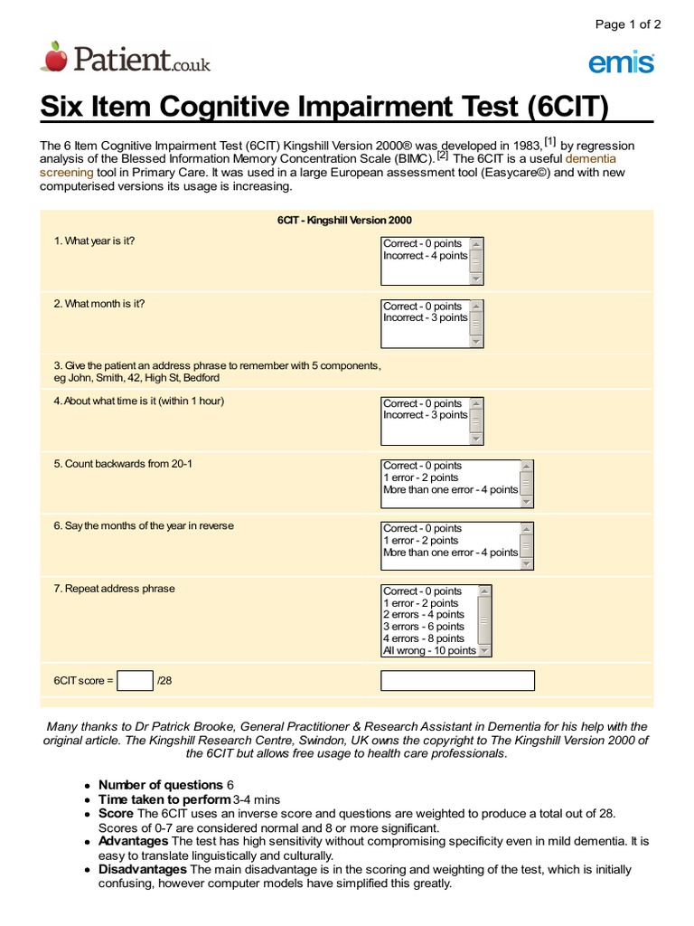 6Cit Test PDF PDF Dementia Sensitivity And Specificity