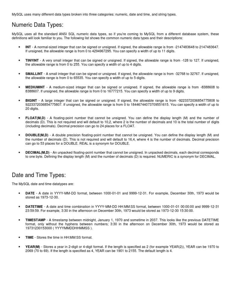 Data Types MySQL | Download Free PDF | Data Type | String (Computer ...
