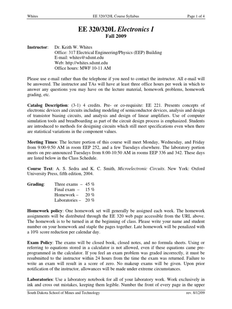 EE 320/320L Electronics I Syllabus | PDF | Mosfet | Field Effect Transistor