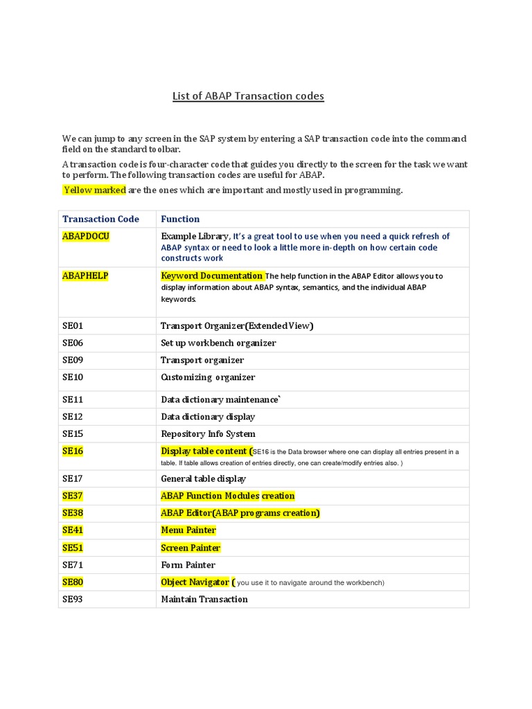 ABAP Transaction Codes Guide | PDF | Information Technology Management ...