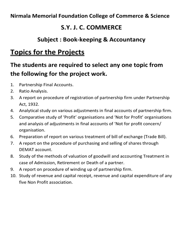 Project Topics for Commerce Students | PDF | Partnership | Nonprofit ...