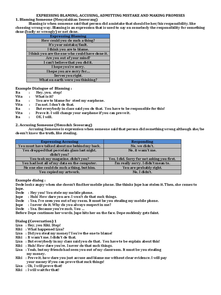 Handout Expressing Blaming, Accusing, Promises, Admitting Mistakes ...