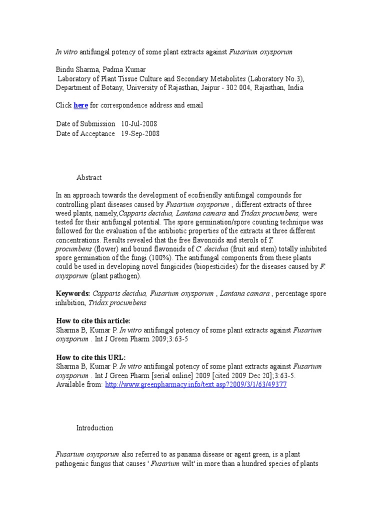 In Vitro Antifungal Potency of Some Plant Extracts Against Fusarium ...