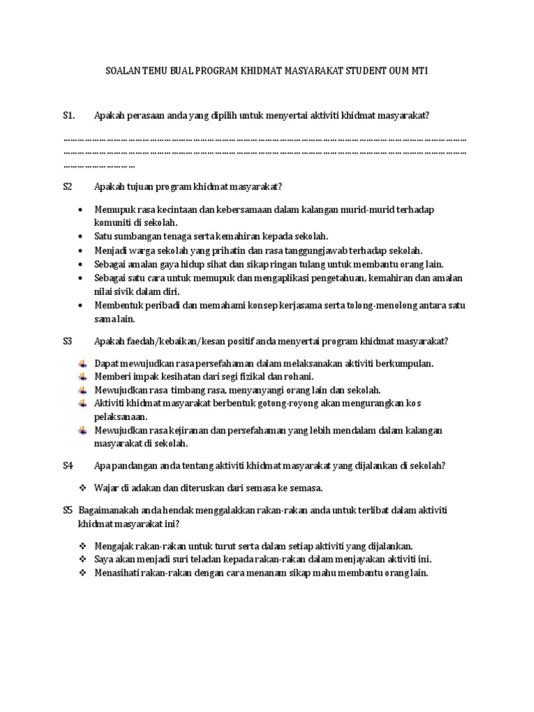 Soalan Temu Bual Program Khidmat Masyarakat Student Oum Mti Pdf