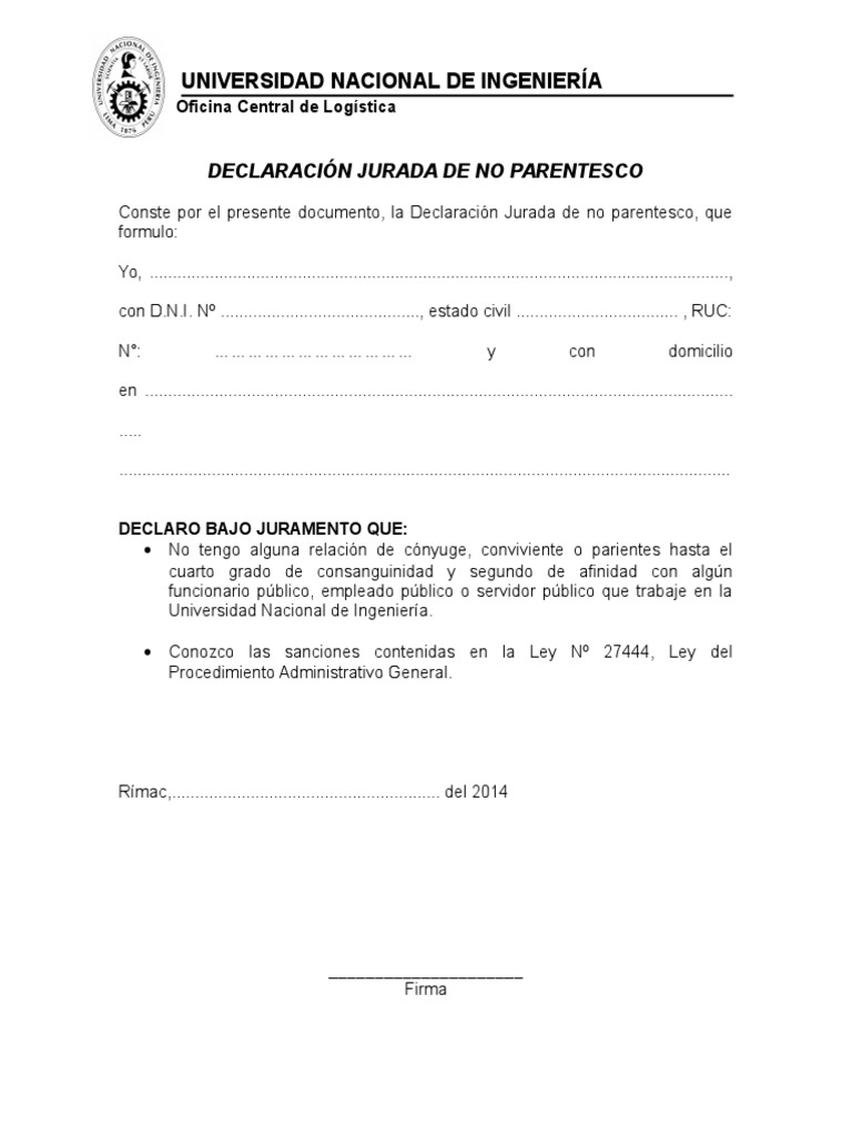 Declaración Jurada de Parentesco 2014 | PDF