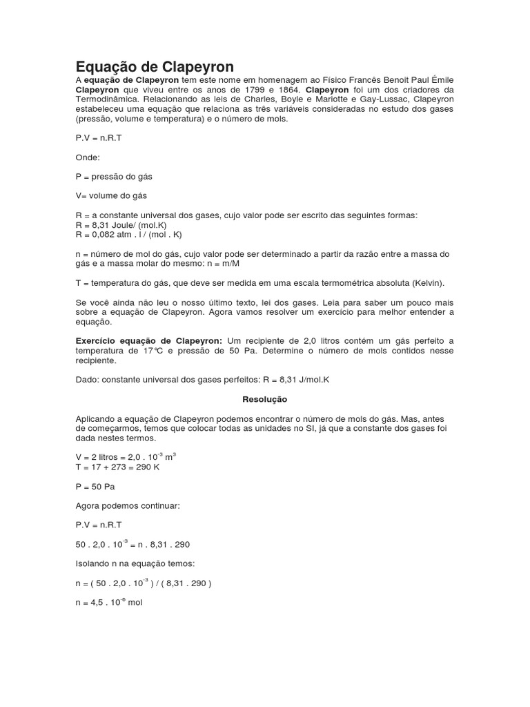 Exercícios sobre Equação de Clapeyron | PDF | Gases | Temperatura
