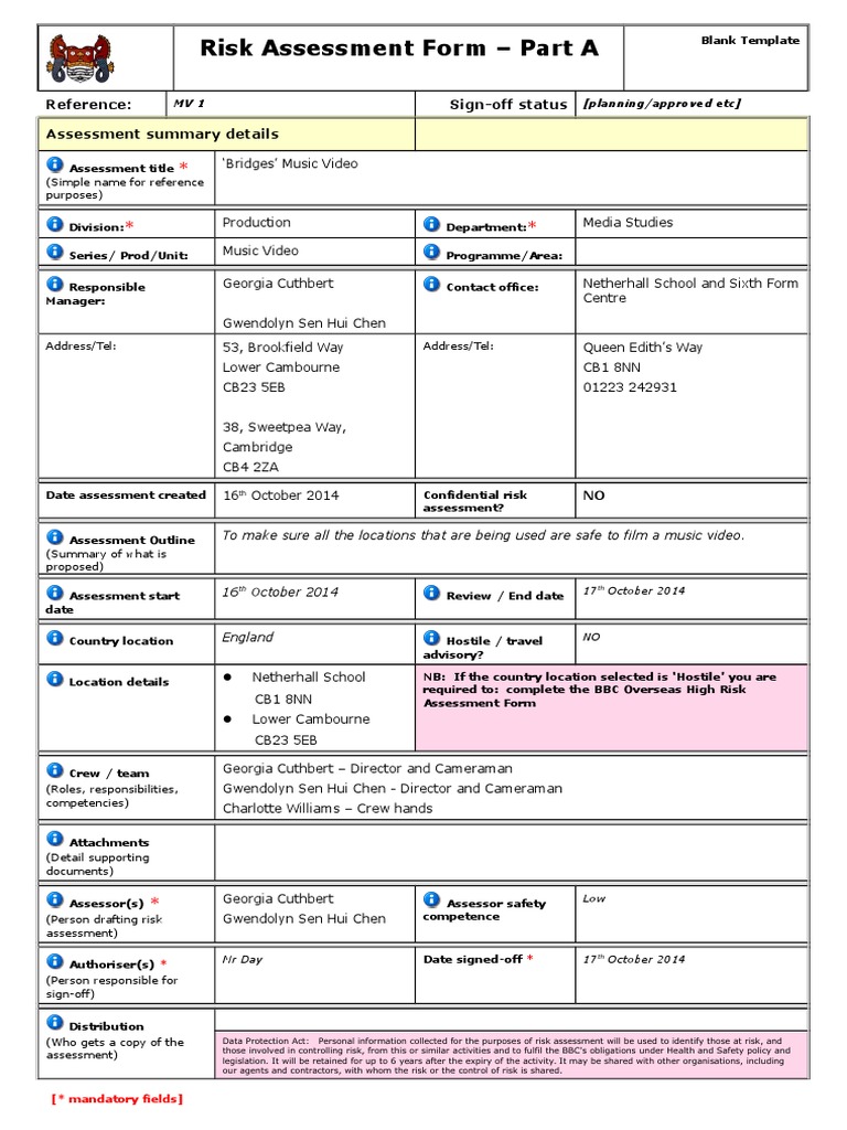 Risk Assessment Form - Part A: Reference: Sign-Off Status Assessment ...
