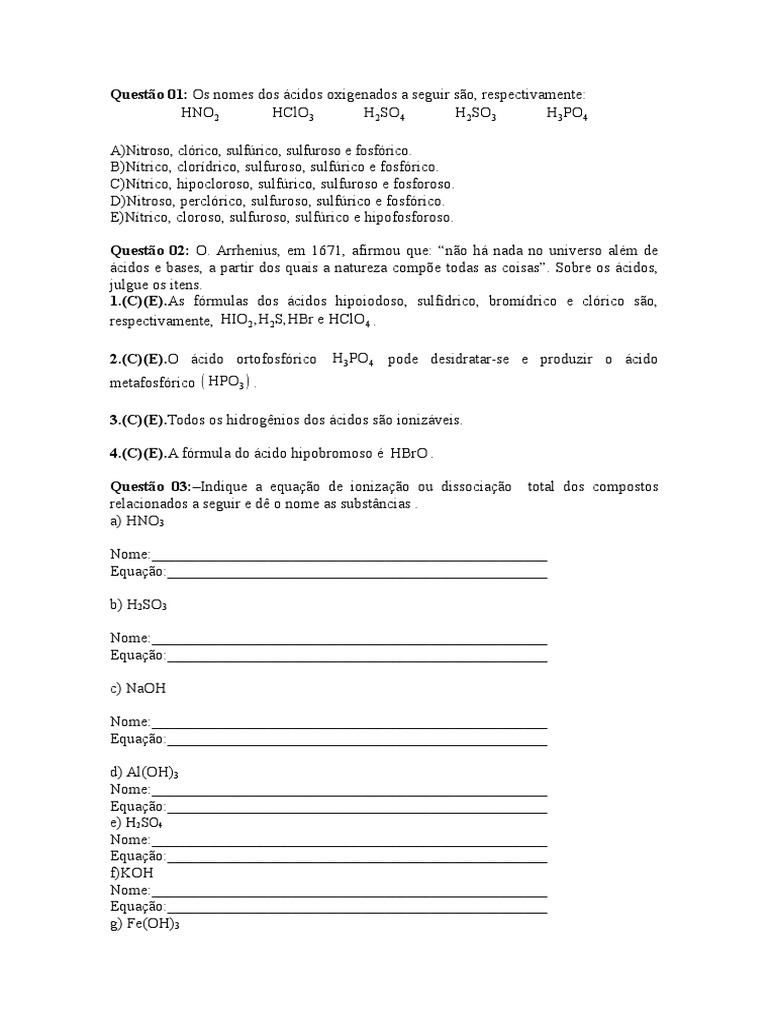 Exercícios sobre Funções Inorgânicas 9º Ano | PDF | Ciências Sociais | Arte