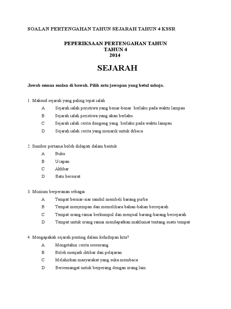 Soalan Pertengahan Tahun Sejarah Tahun 4 Kssr Pdf