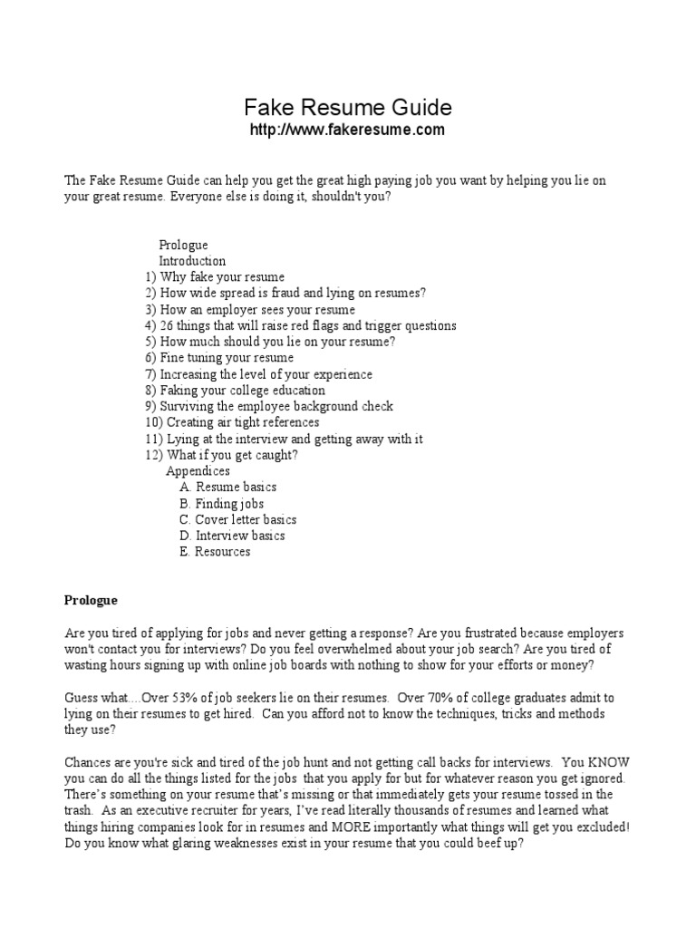 resume Job Getting Resumes fake resume guide pdf employment