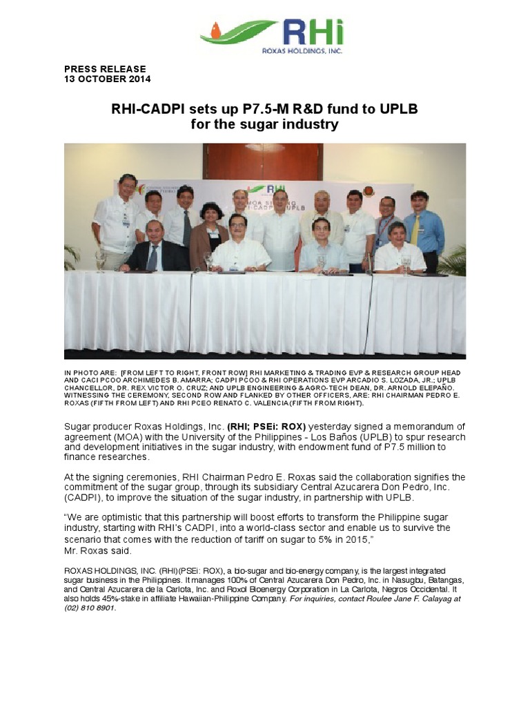 Roxas Holdings UPLB R&D Fund PDF Sugarcane Economies