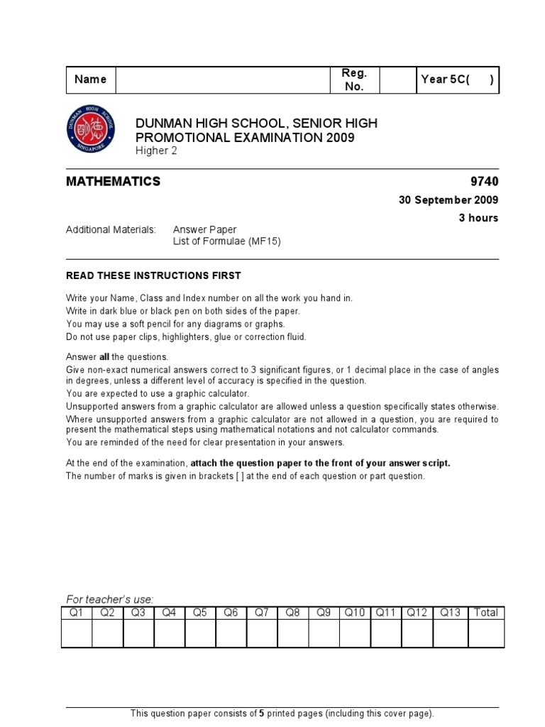 2009 Dunman High Math Exam Paper | PDF | Sphere | Cartesian Coordinate ...