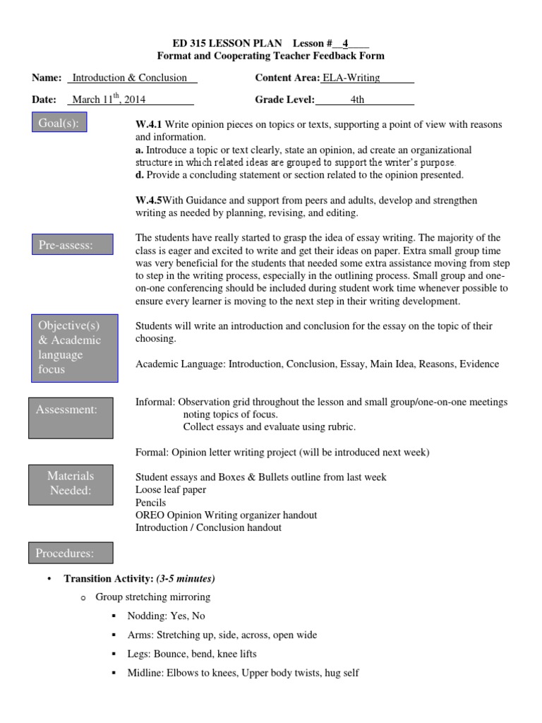 lesson plan 4 -introduction conclusion | Essays | Lesson Plan