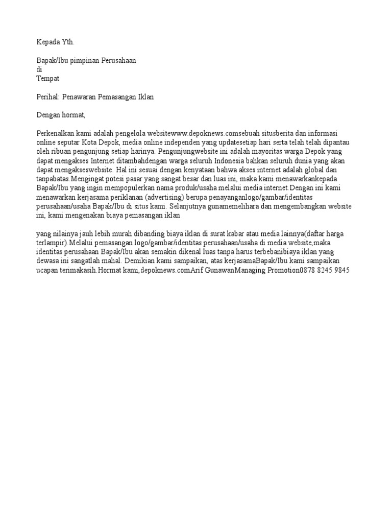 Contoh Surat Penawaran Iklan