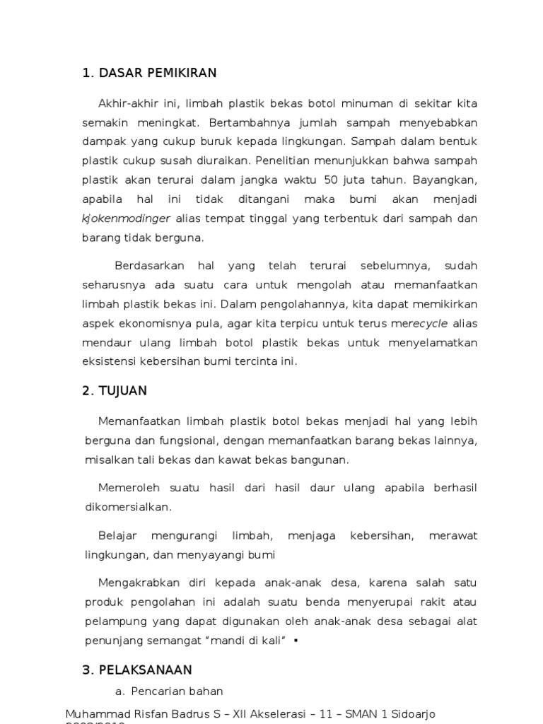 Proposal Kegiatan Pemanfaatan Botol Plastik Minuman Bekas 
