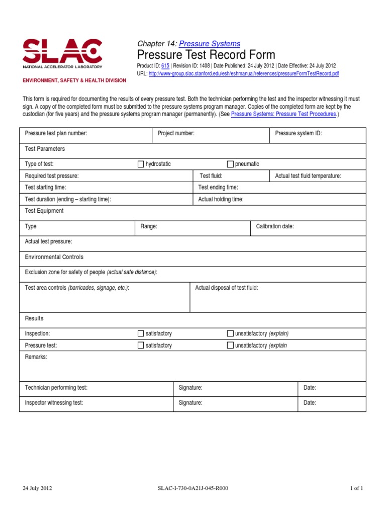 Pressure Test Record Form | PDF | Computers
