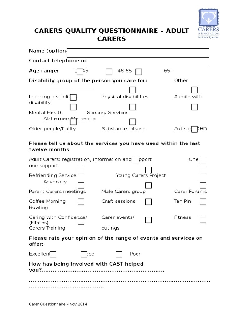 Carer Questionnaire Nov 2014-1 | PDF | Caregiver | Clinical Psychology