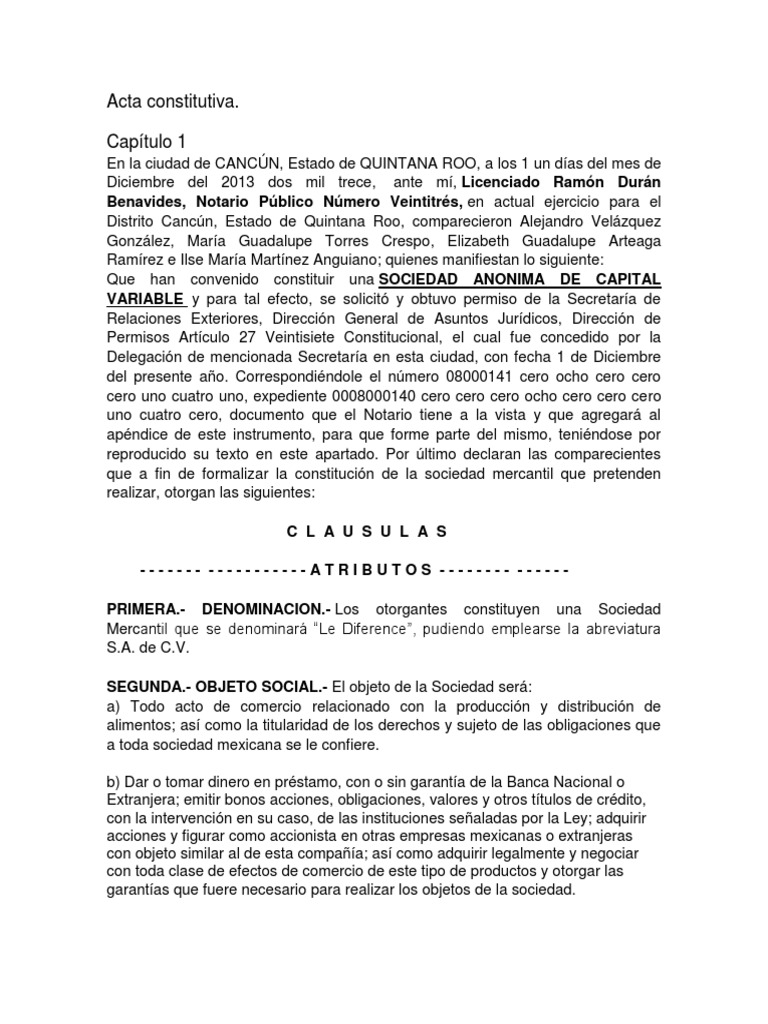 Ejemplo De Un Acta Constitutiva De Una Sociedad Mercantil Free 