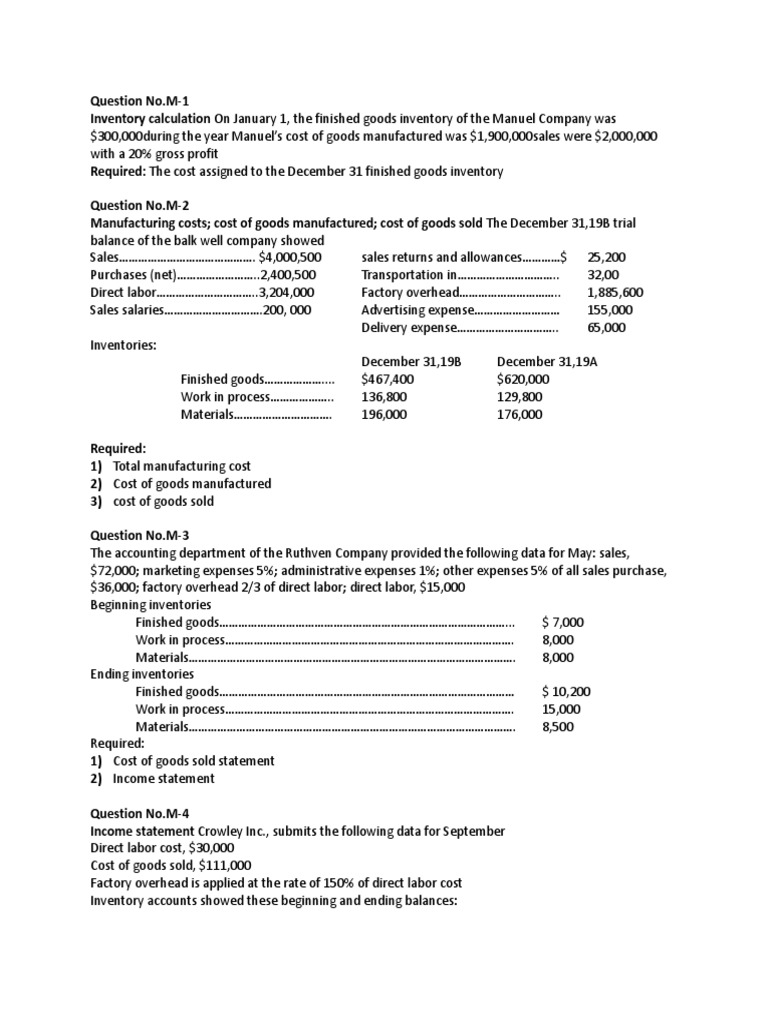 Cost Accounting Questions Cost Of Goods Sold Inventory