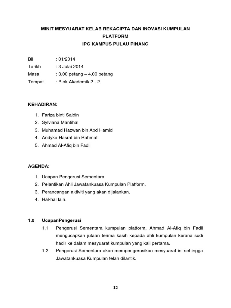1 Minit Mesyuarat Kelab Rekacipta Dan Inovasi Pdf