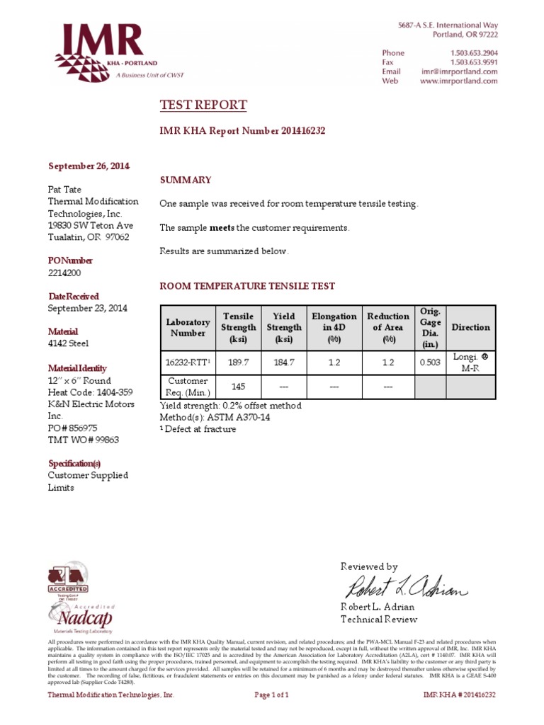 IMR KHA 201416232 Steel Test Report | PDF
