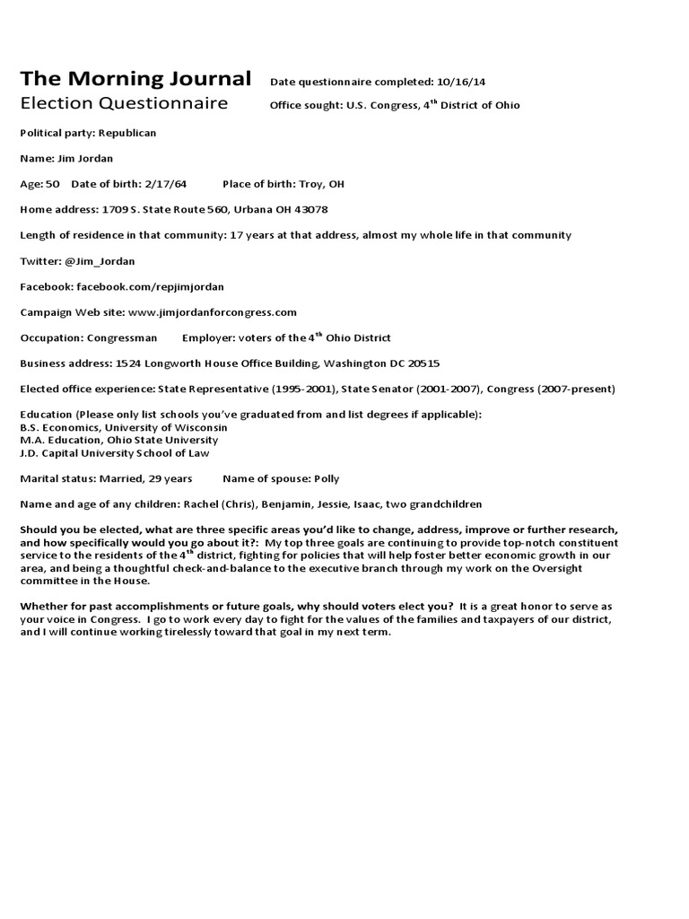 Jim Jordan's 2014 Election Questionnaire | PDF | Politics | Social Science