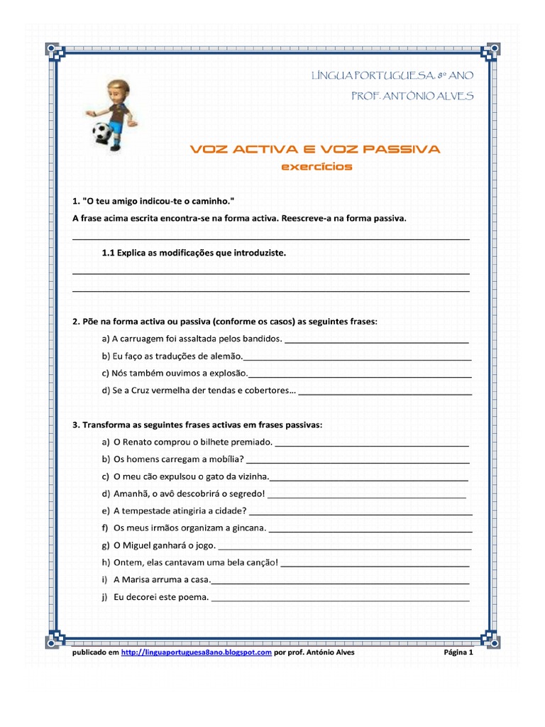 LÍNGUA PORTUGUESA, 8ºANO - Voz Activa e Voz Passiva - Exercícios (Parte ...