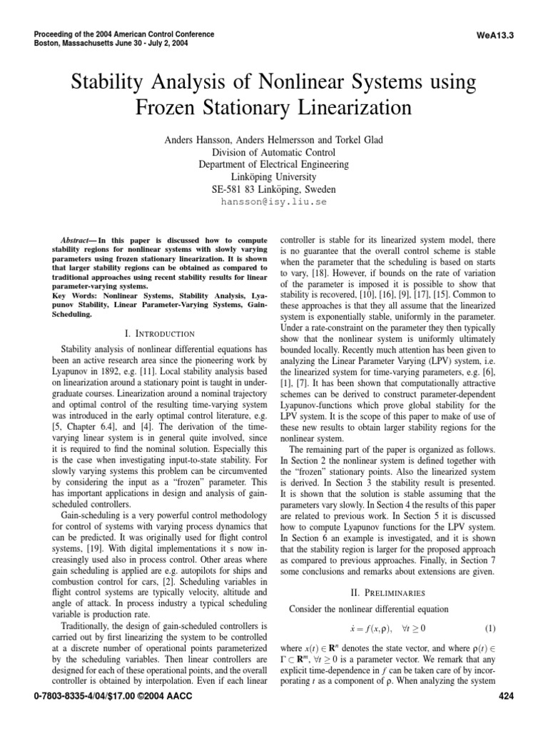 Stability Analysis of Nonlinear Systems Using Frozen Stationary ...
