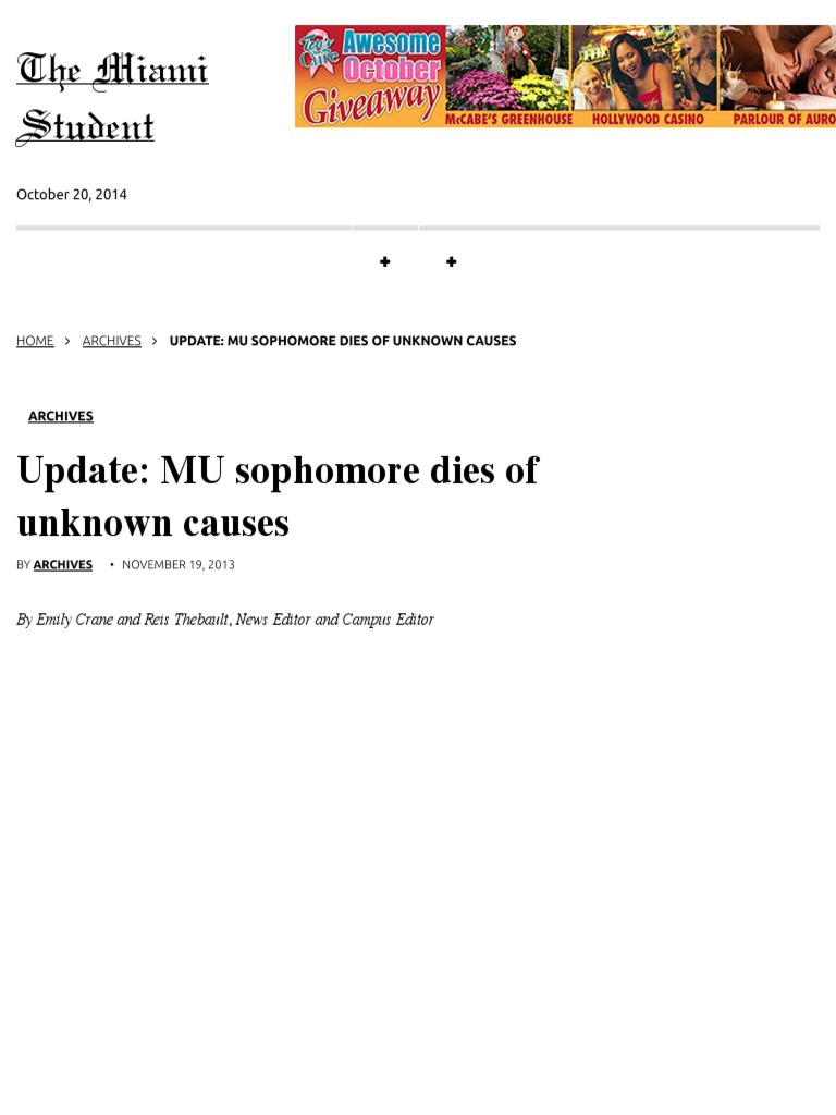 Update: MU Sophomore Dies of Unknown Causes - The Miami Student | PDF