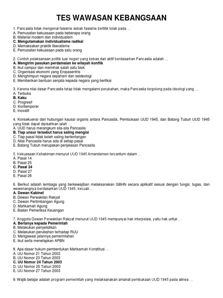 Kumpulan Soal Tes Wawasan Kebangsaan Twk