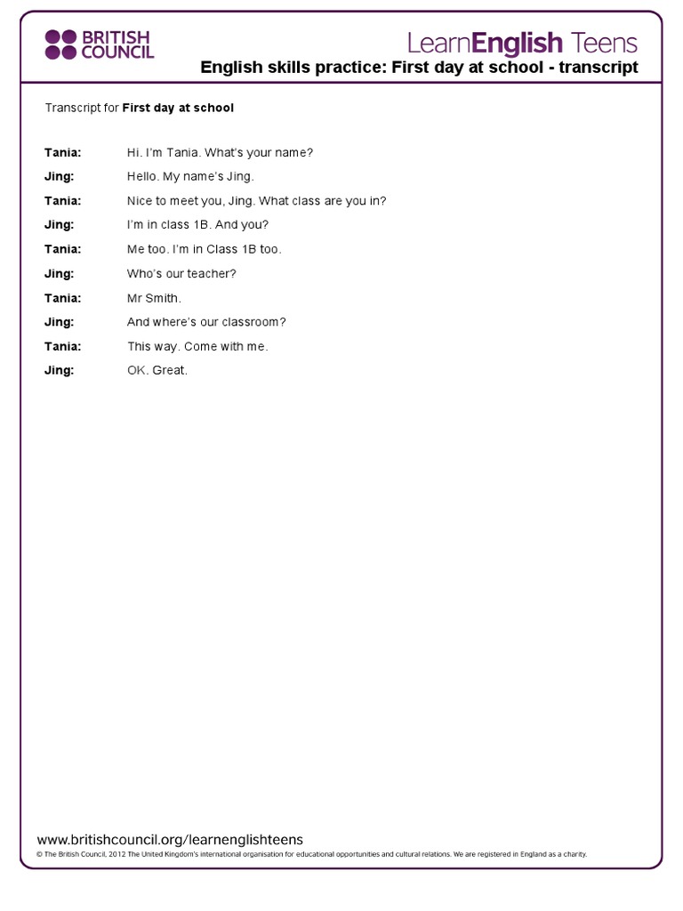 First Day at School - Transcript 1 PDF | PDF