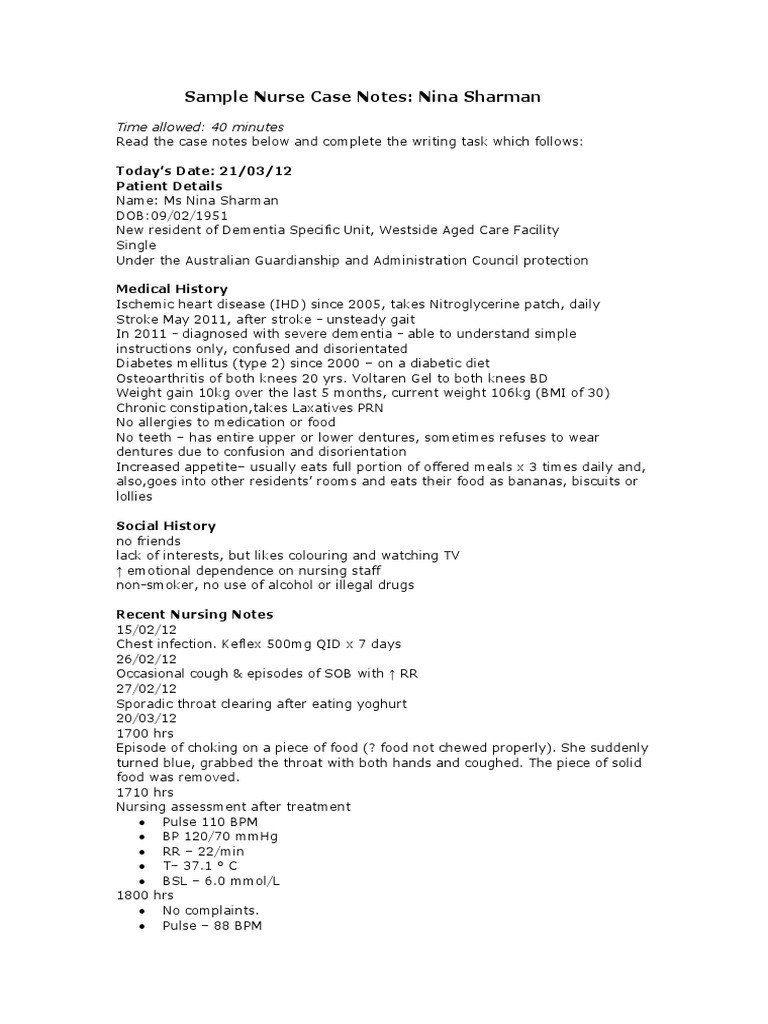 Sample Nurse Case Notes and Letter Grammatical Number Dietitian