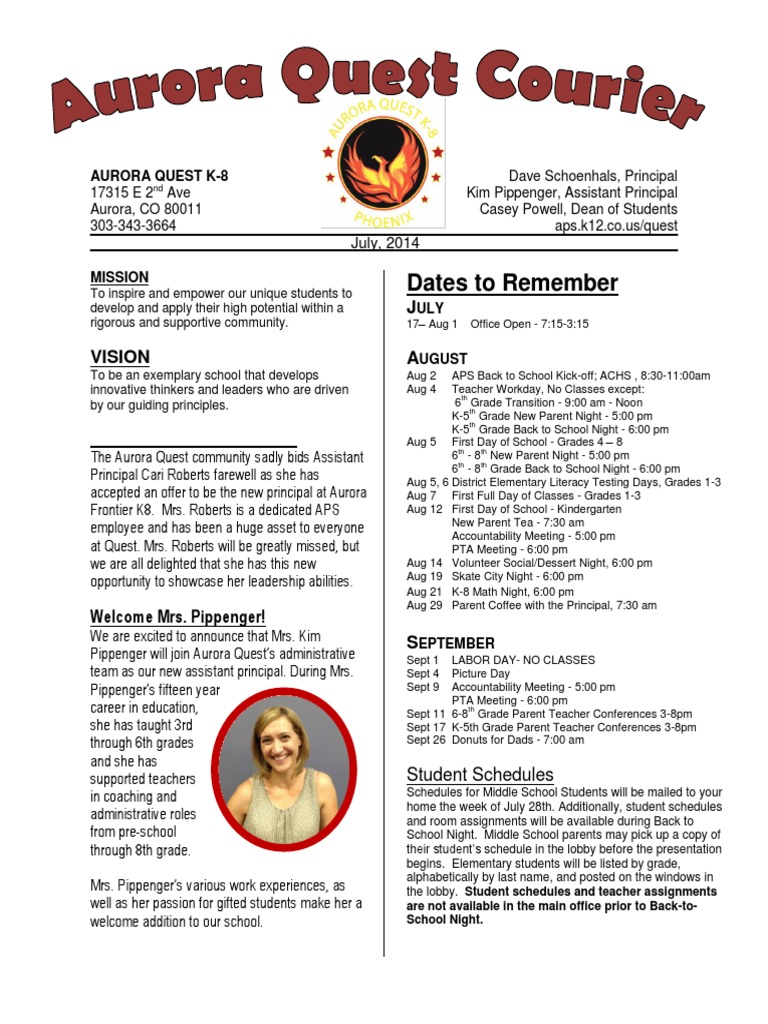 Dates To Remember Aurora Quest K8 PDF Middle Schools Child Care