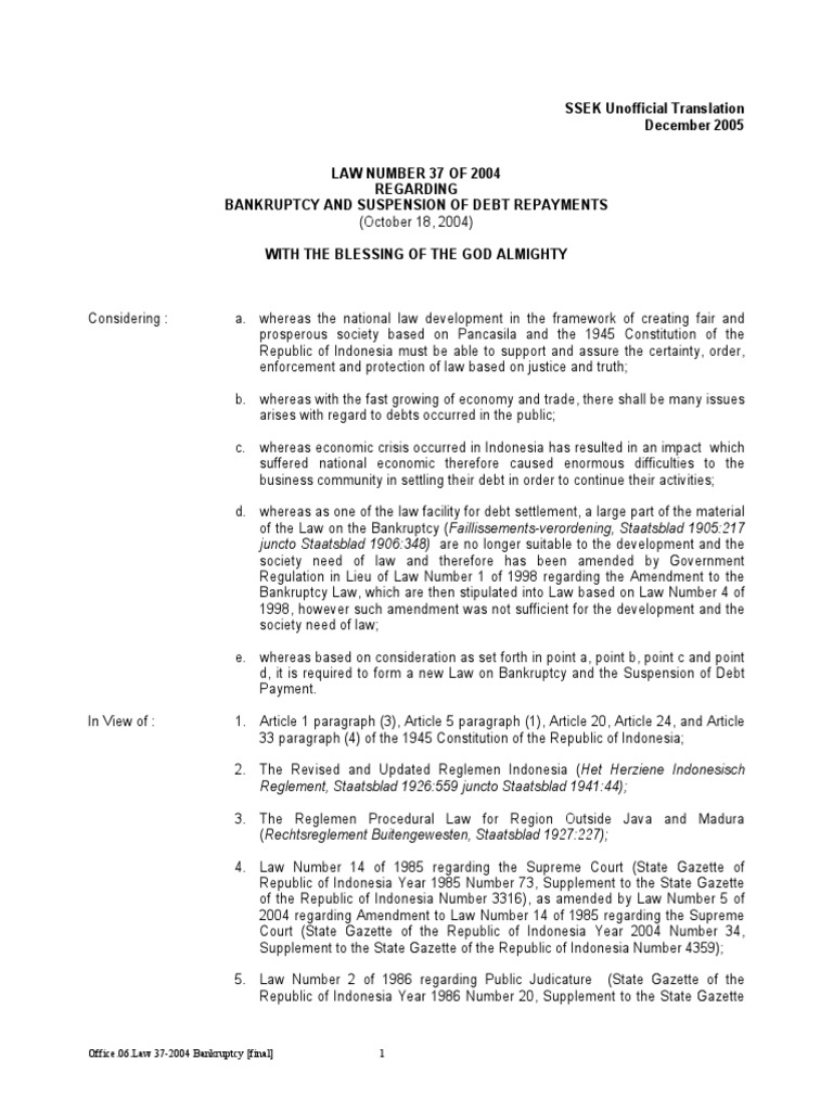 Bankruptcy Law and Suspension of Payment PDF Bankruptcy In The