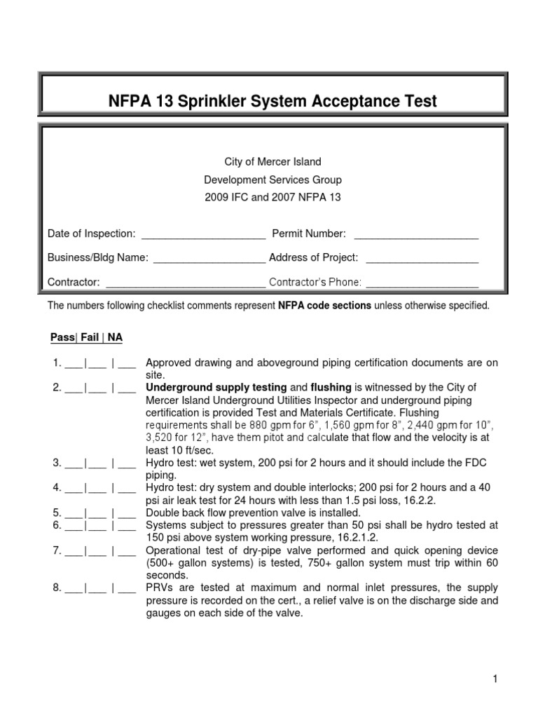 NF Pa 13 Acceptance Test PDF Fire Sprinkler System Valve